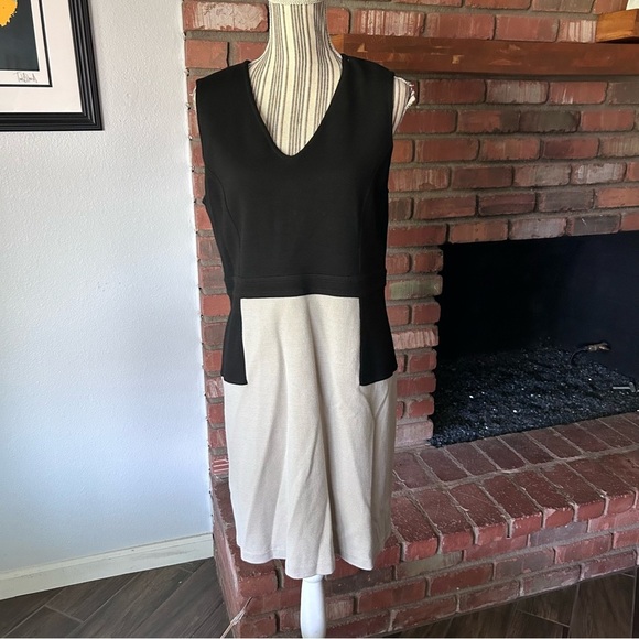 St. John Colorblock Knit Sleeveless Sheath Dress Black Taupe Sz 14 - Picture 1 of 9